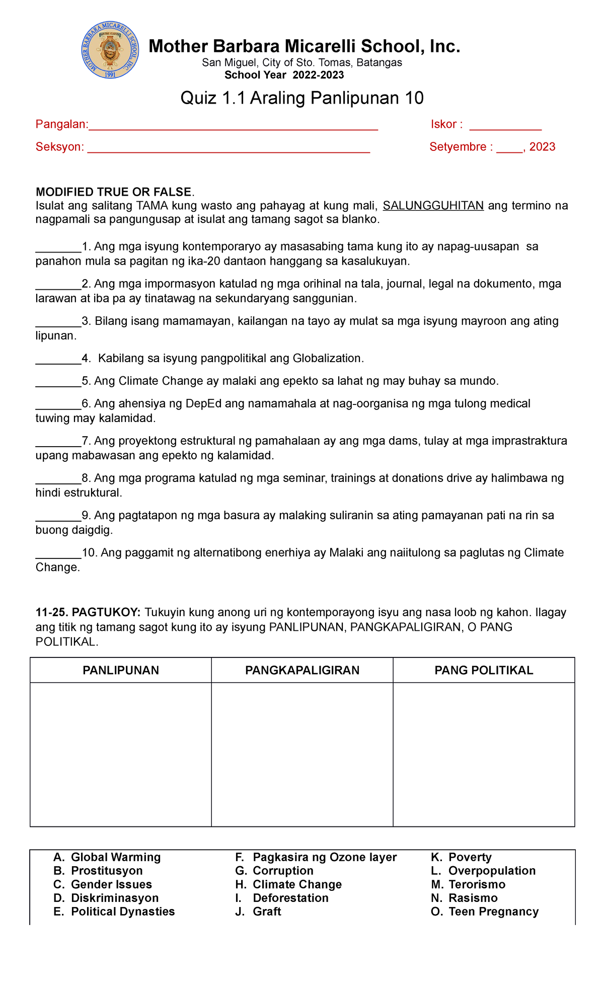 AP 10 QUIZ-revised - QUIZ - Mother Barbara Micarelli School, Inc. San ...