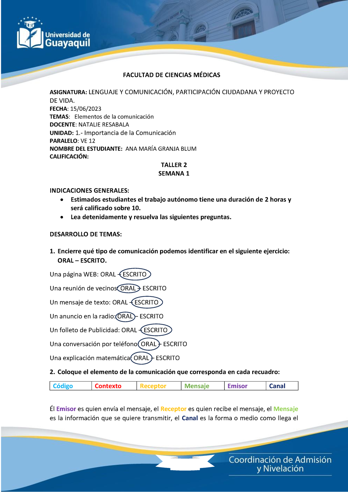 Taller-U1- Clase 2-S1 Niv Lenguaje - FACULTAD DE CIENCIAS MÉDICAS ...