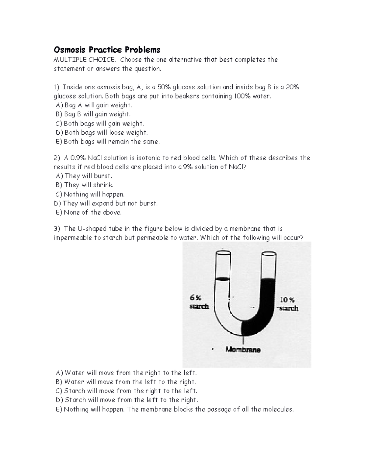 Osmosis Practice Problems - Osmosis Practice Problems MULTIPLE CHOICE ...