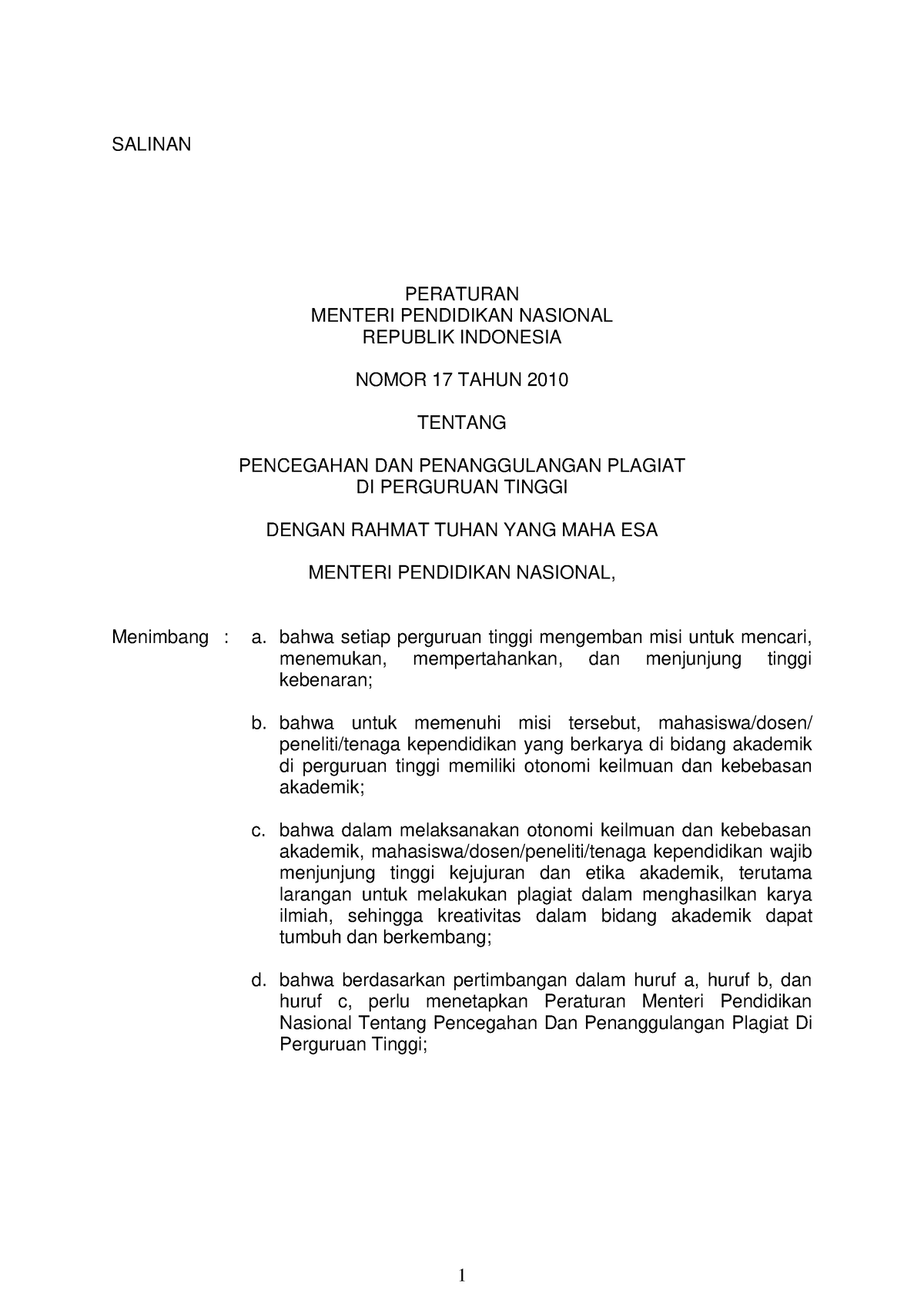 Permendiknas Nomor 17 Tahun 2010 - SALINAN PERATURAN MENTERI PENDIDIKAN ...