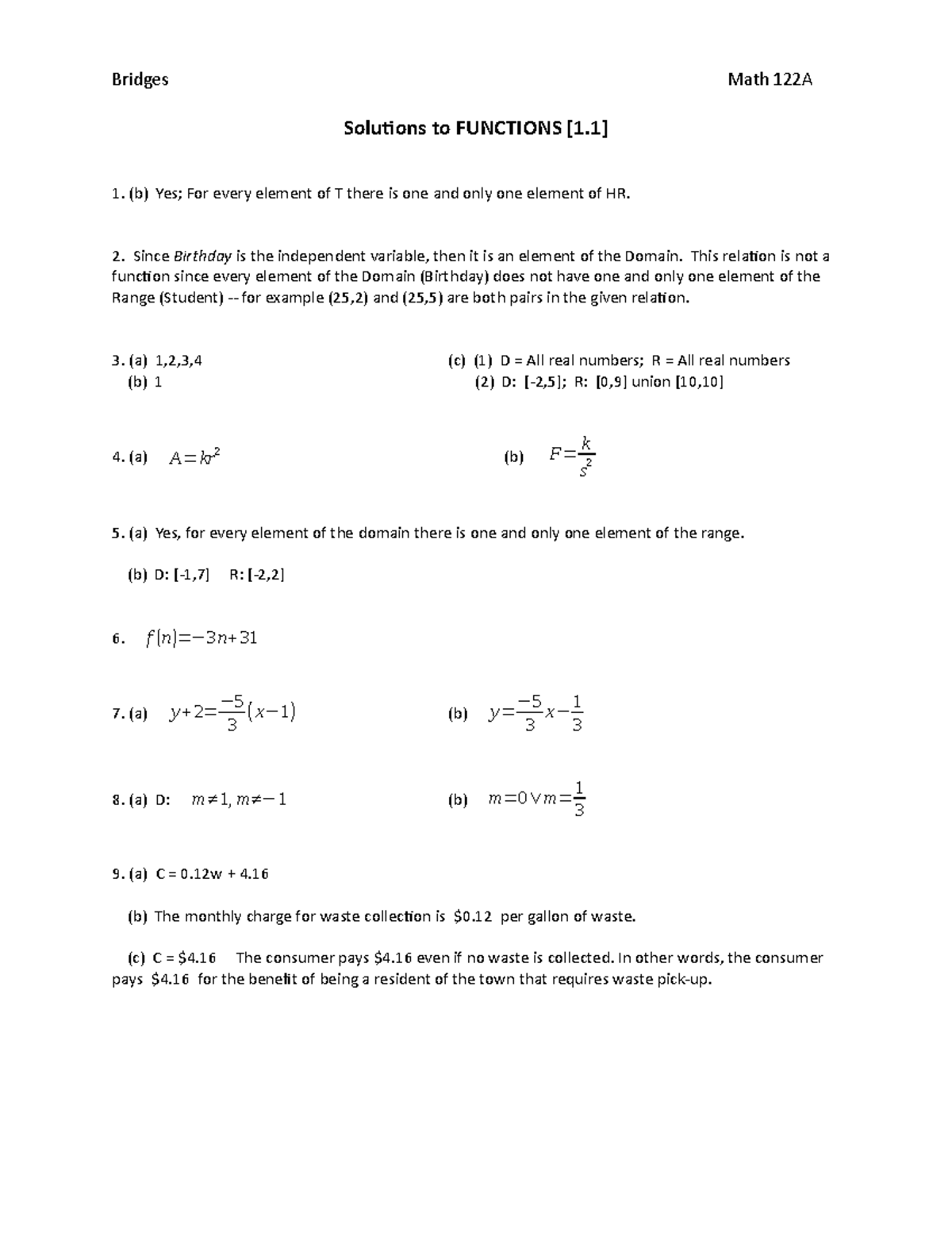 1-1 Solu Functions(1-9) - Bridges Math 122A Solutions to FUNCTIONS 1 ...