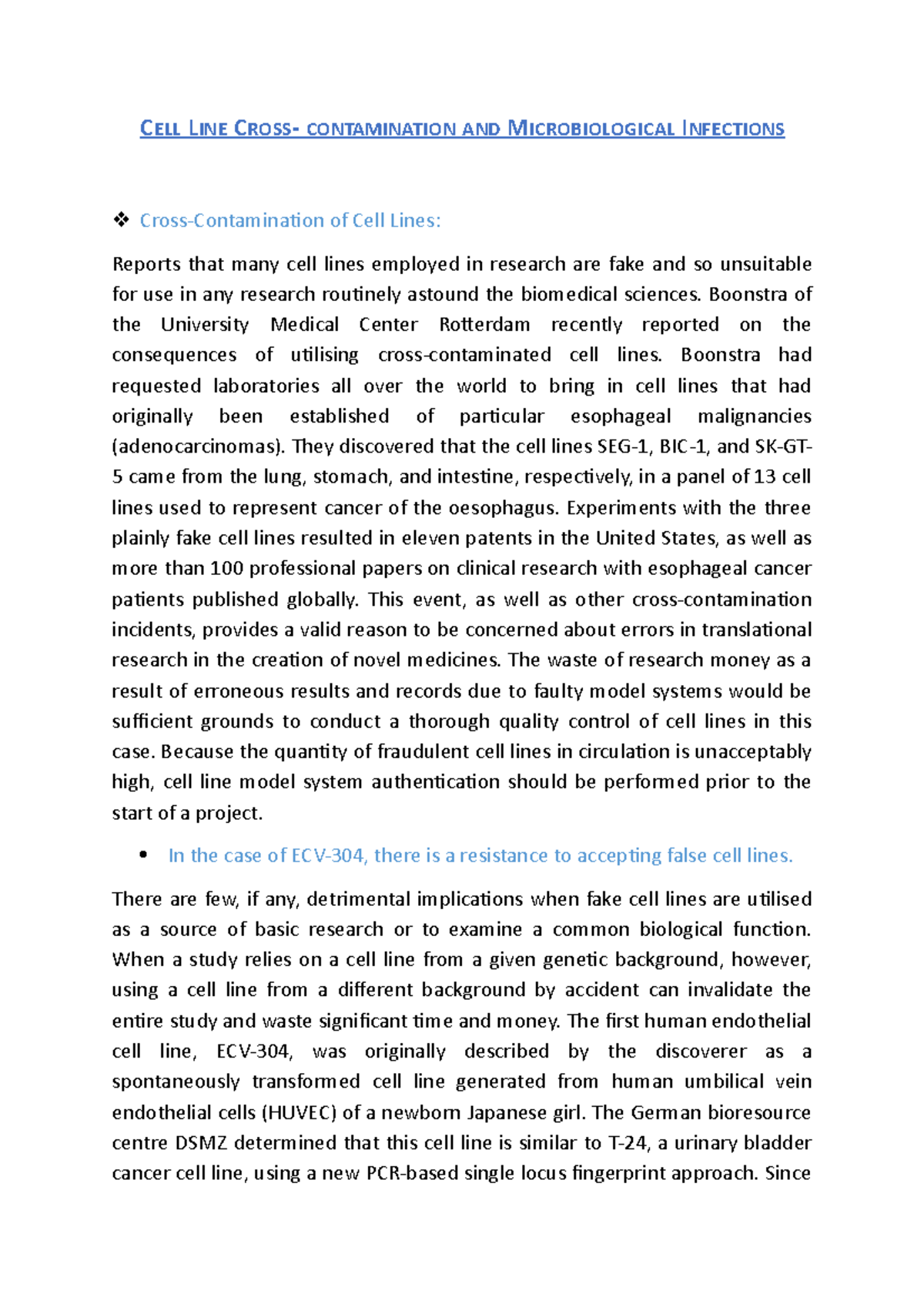 Cell line cross contamination and microbiological infections Bachelor