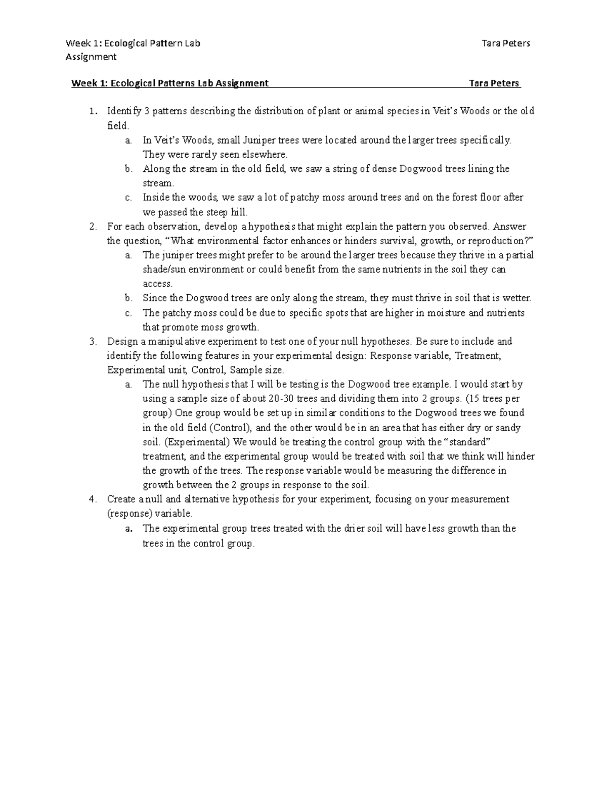 BIO 213 LB- Week 1 Assignment - Week 1: Ecological Pattern Lab ...