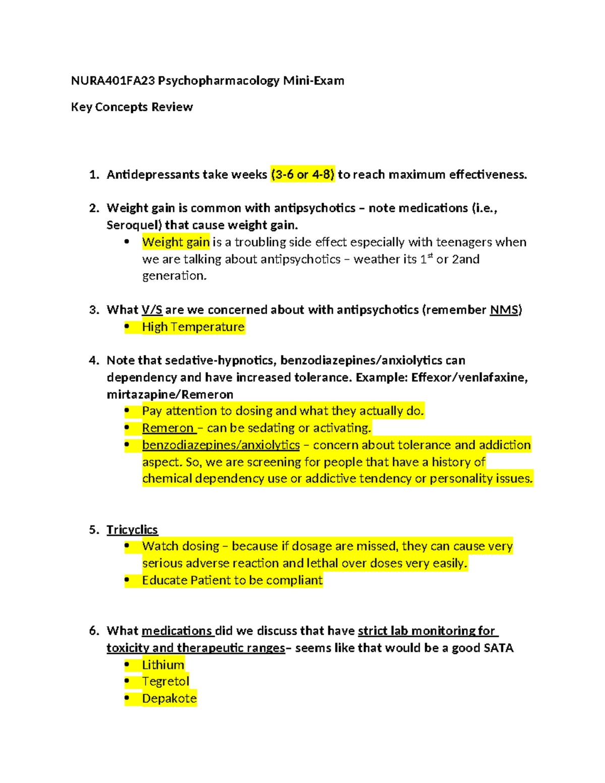 Psychopharmacology Mini Exam Key Concepts Review FA23 - NURA401FA23 ...
