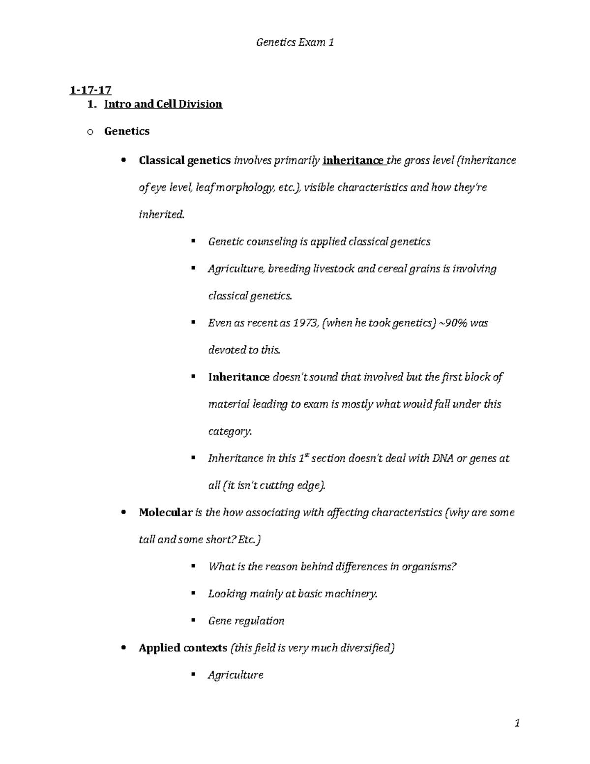 Genetics Notes 1 - Genetics Exam 1 1. Intro and Cell Division o ...