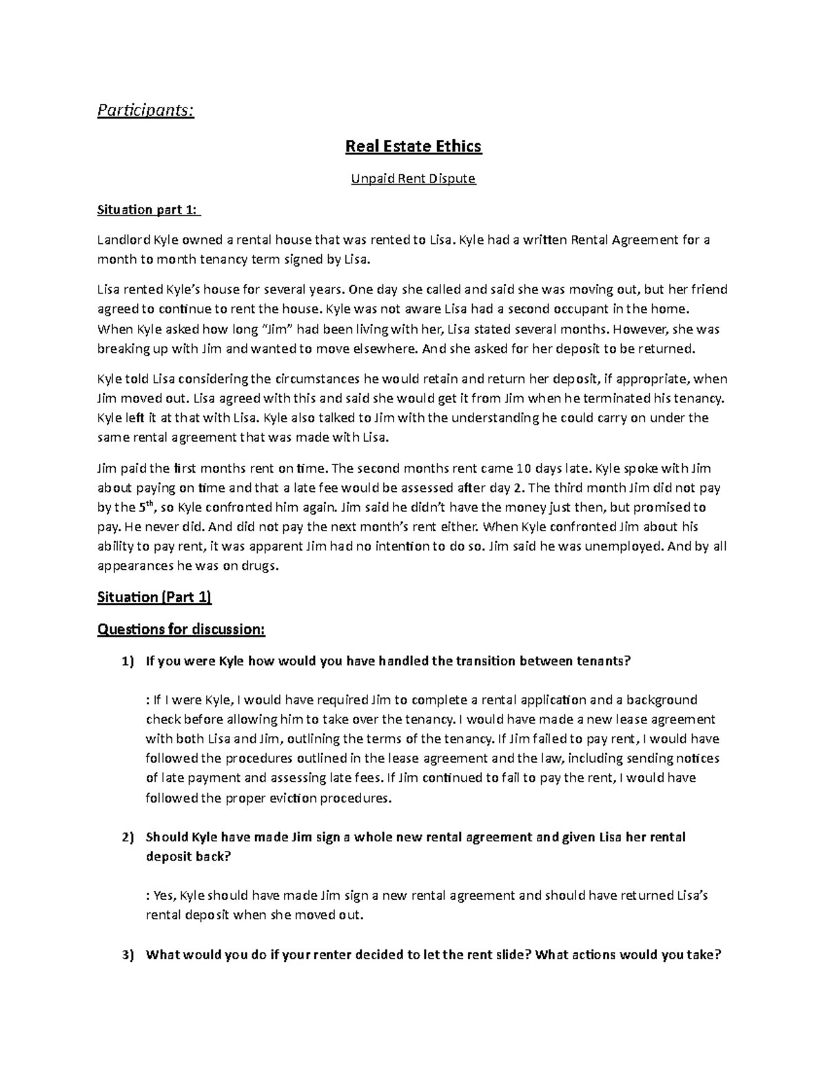 Real+Estate+Ethics Question/Answer Participants Real Estate Ethics