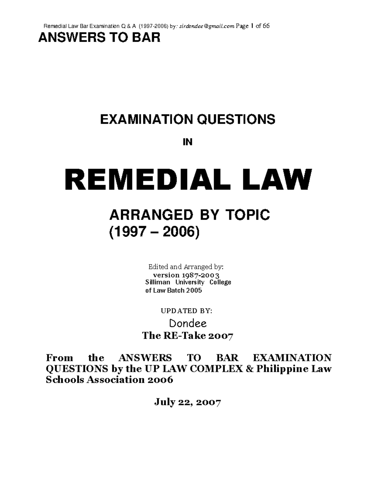 BAR Remedial - ANSWERS TO BAR Remedial Law Bar Examination Q & A (1997 ...