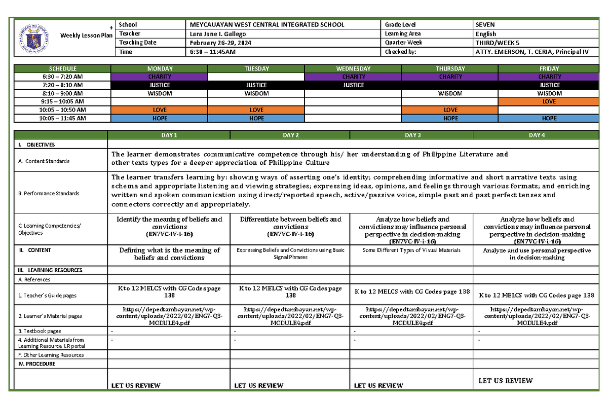 DLL for q3 week 5 front and back page - + Weekly Lesson Plan School ...