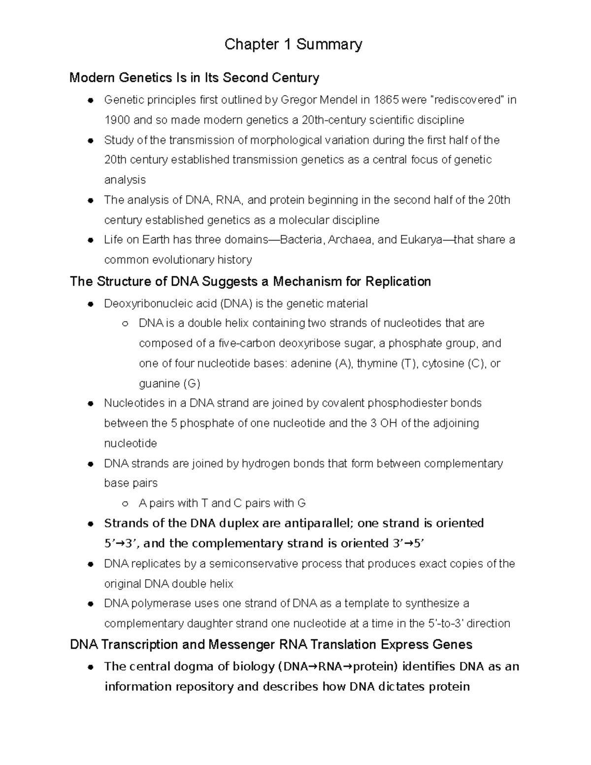 Chapter 1 Summary - Chapter 1 Summary Modern Genetics Is In Its Second ...