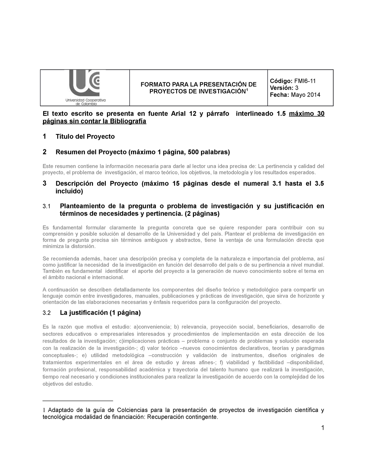 Fmi6 11 V3 Formato Para La Presentación De Proyectos De Investigación Formato Para La 0427