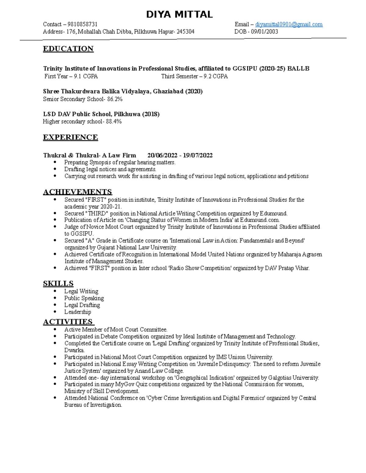 Diya Mittal Resume - DIYA MITTAL Contact – 9810858731 Email ...