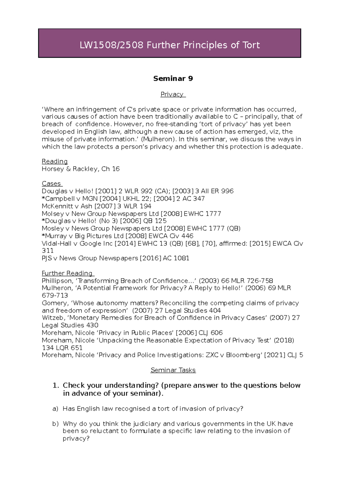 LW1508+Seminar+10-+Privacy+1 - LW1508/2508 Further Principles of Tort ...