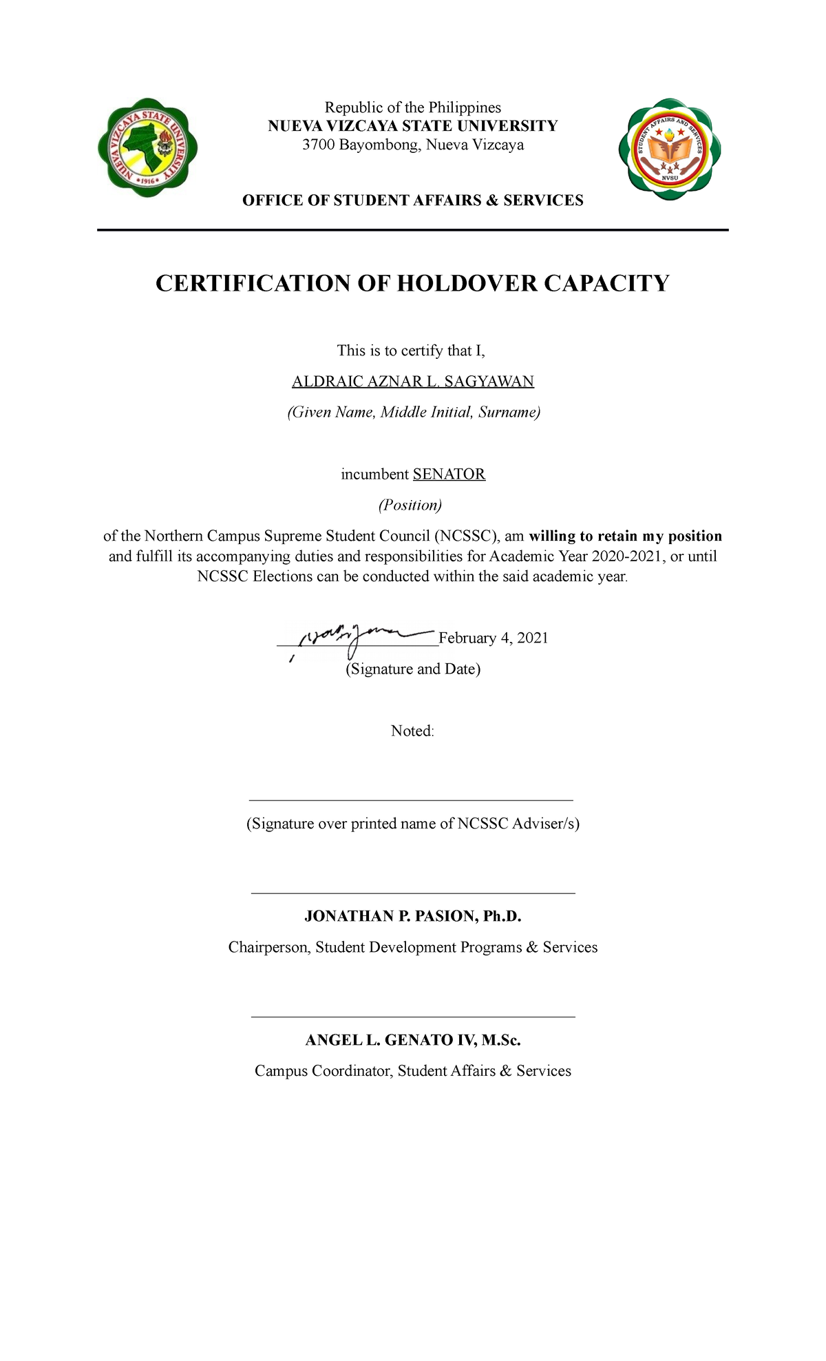 Certificate of retention of senator Agricultural and Biosystems