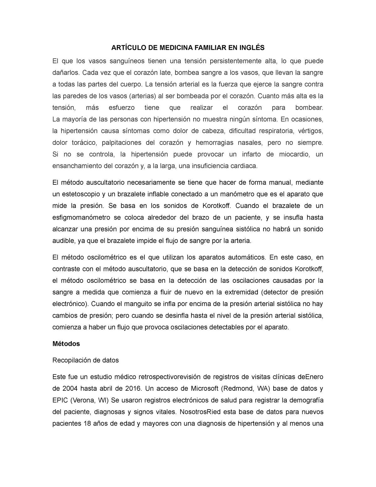 Artículo DE Medicina Familiar EN Inglés - ARTÍCULO DE MEDICINA FAMILIAR ...