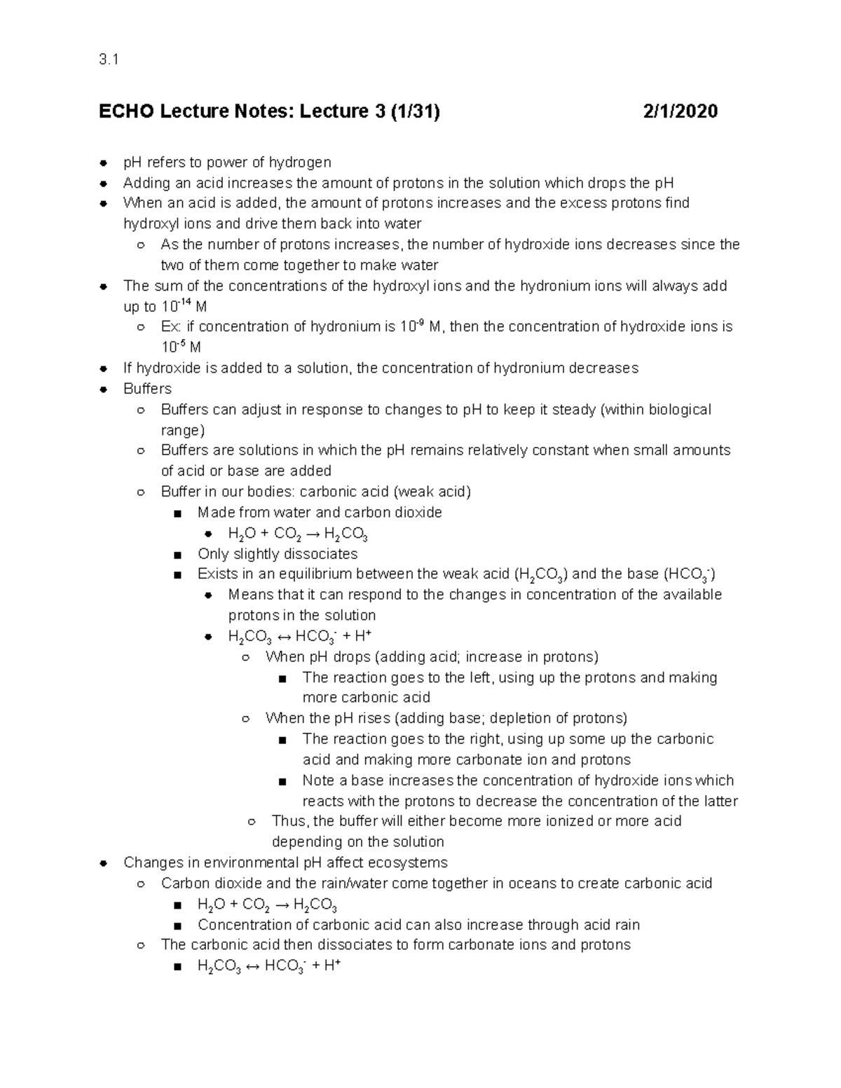 Basic Chemistry Notes - ECHO Lecture Notes: Lecture 3 (1/31) 2/1/ pH ...