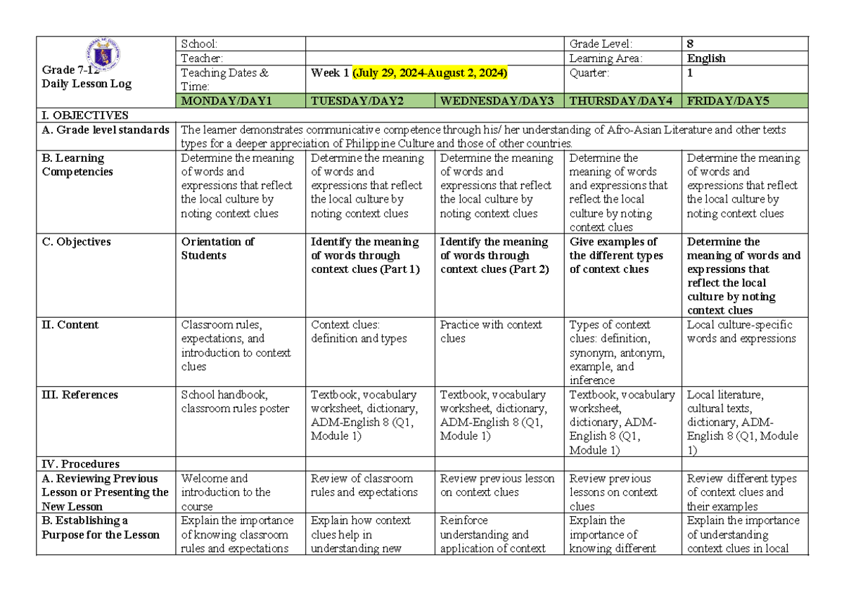 DLL-ENG8-Q1 - This is for education purposes only - Grade 7- Daily ...