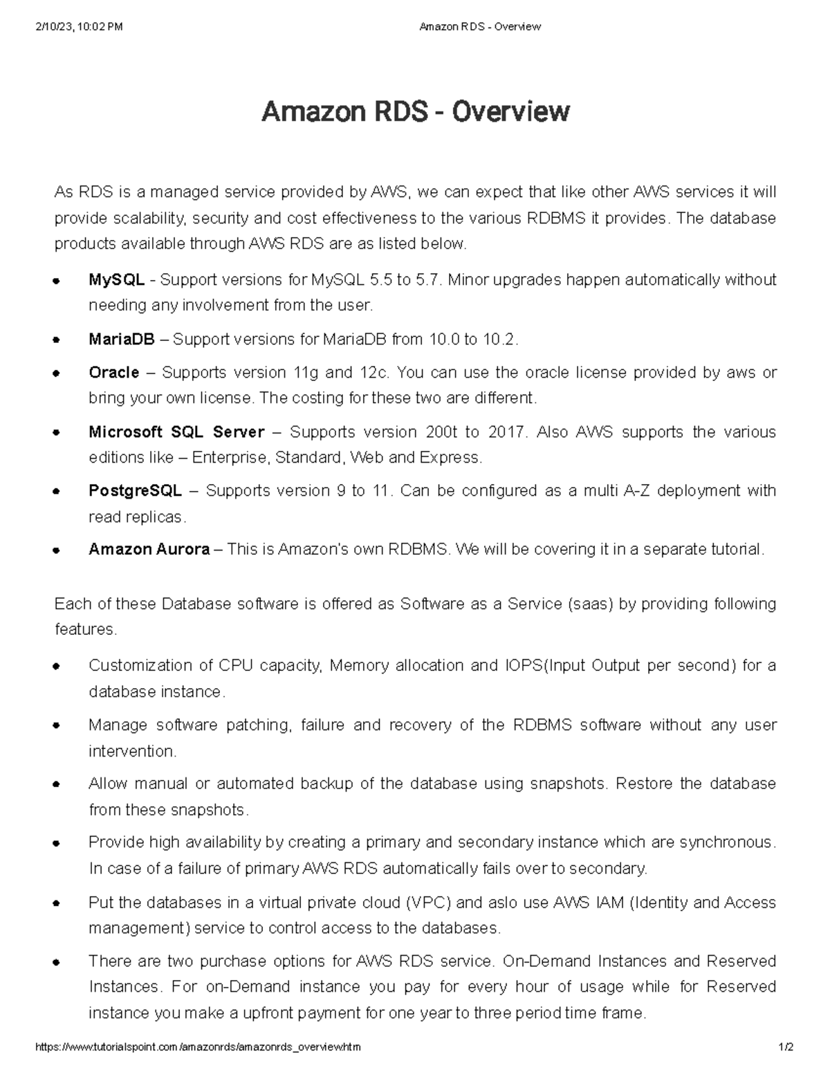 Amazon RDS Overview 2/10/23, 1002 PM Amazon RDS Overview Studocu
