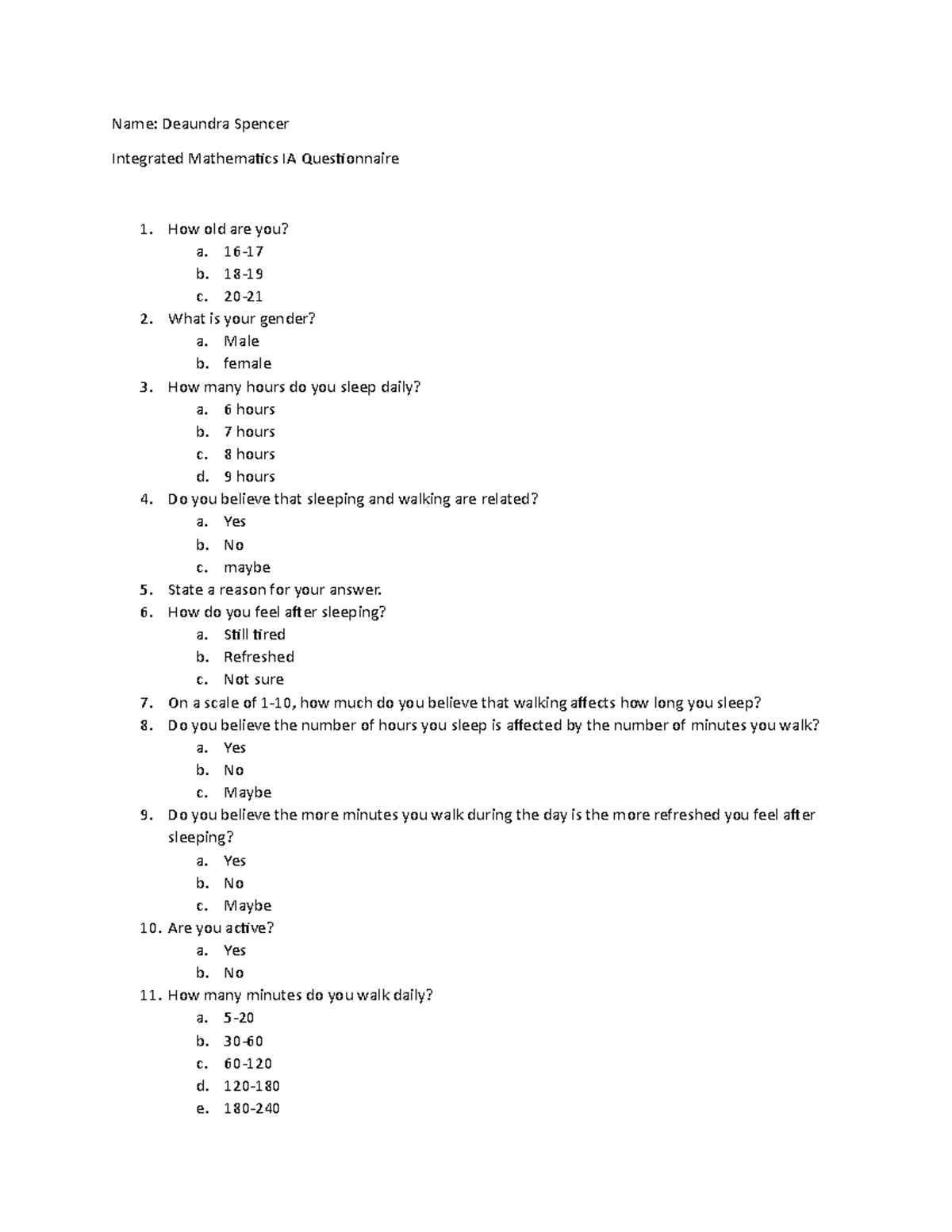 Integrated mathematics questionnaire for internal assessment name 