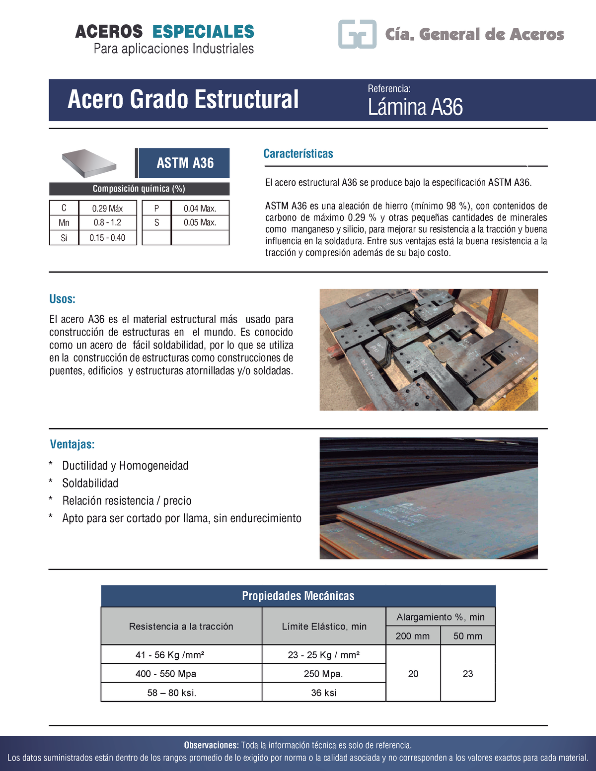 Ficha Técnica Aceros Grado Estructural A36 Acero Grado Estructural L·mina A Usos Ventajas 1930