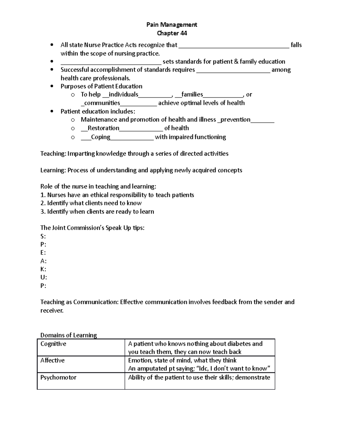 Patient Education Fill In The Blank Notes - Pain Management Chapter 44 ...