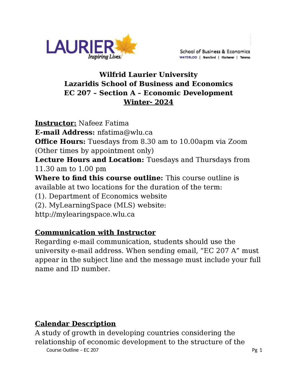 Course Outline EC 207 Winter 2024 Wilfrid Laurier University