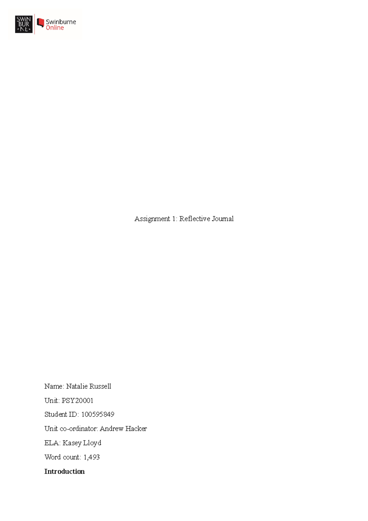 Assignment 1 Reflective Journal FIN - Assignment 1: Reflective Journal ...