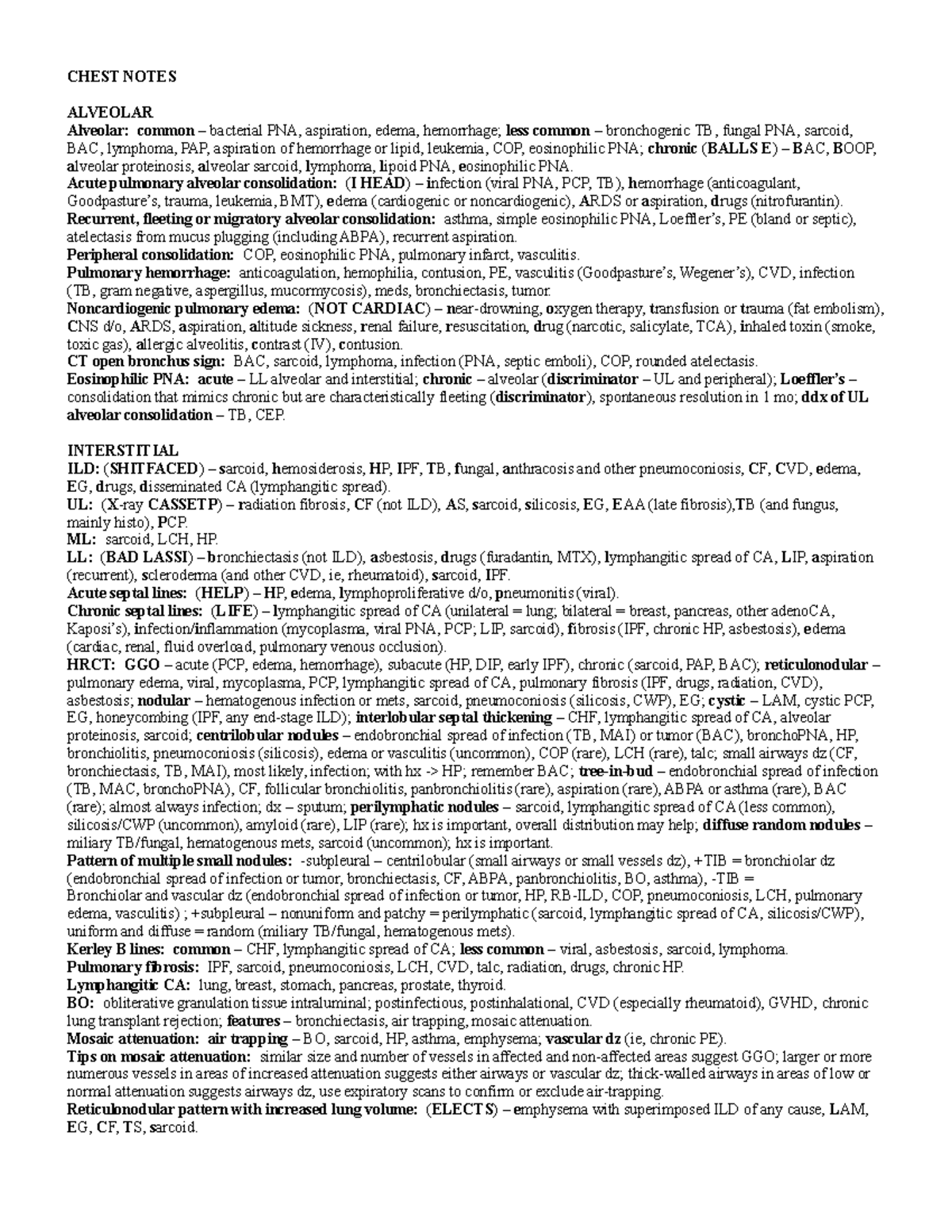 Chest Notes CHEST NOTES ALVEOLAR Alveolar common bacterial PNA