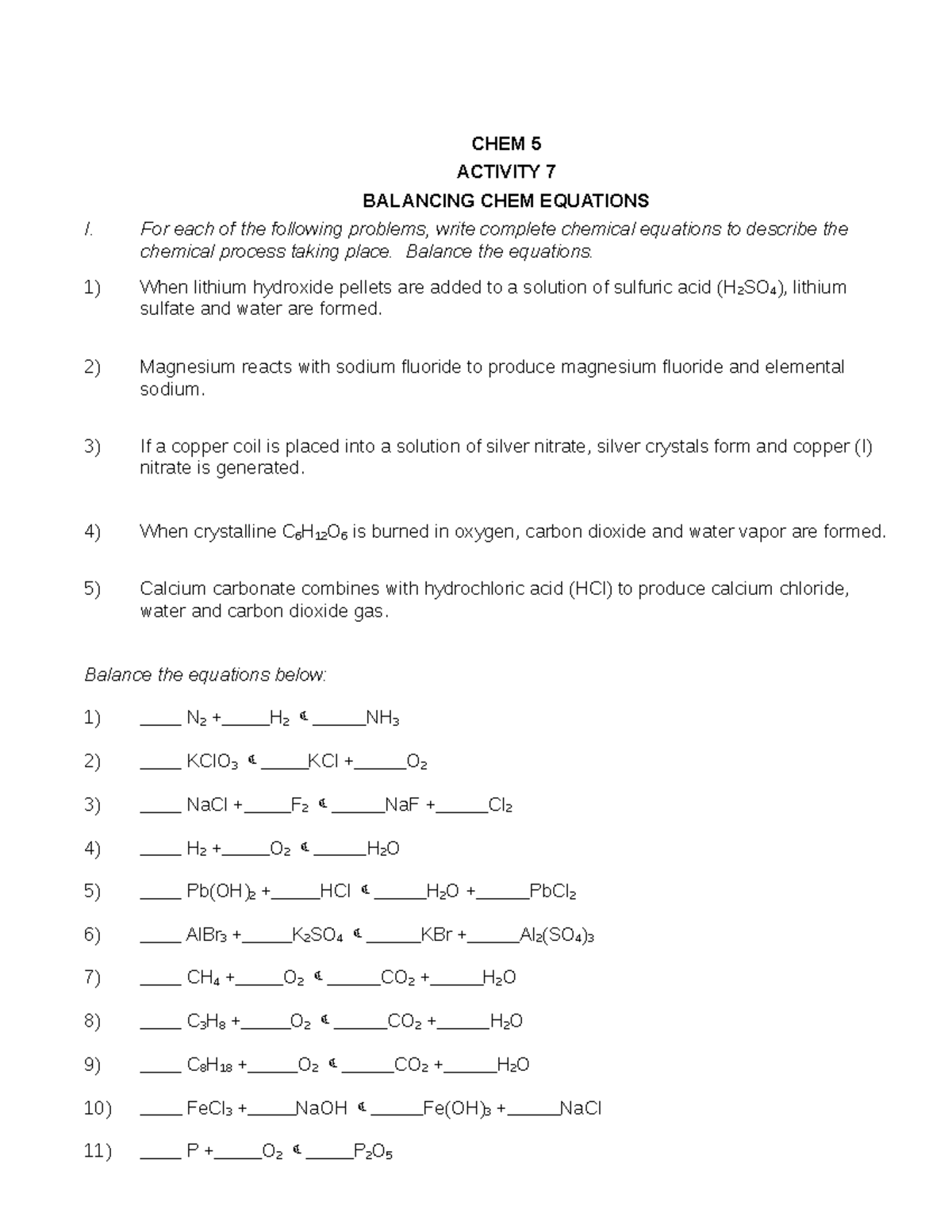 CHEM Activity, CHEM Equations - CHEM 5 ACTIVITY 7 BALANCING CHEM ...