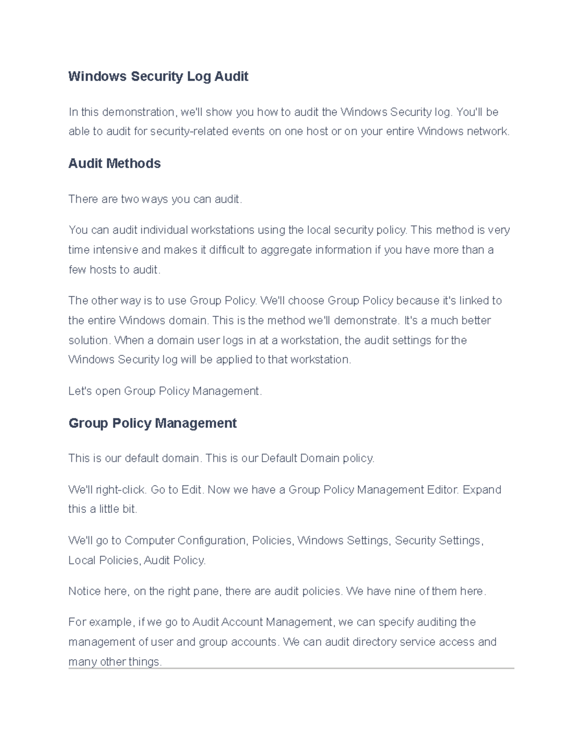 14.1.3 Auditing the Windows Security Log Windows Security Log Audit