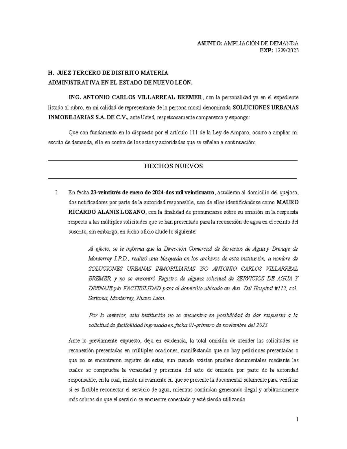 Ampliacion - ASUNTO: AMPLIACIÓN DE DEMANDA EXP: 1229/ H. JUEZ TERCERO ...