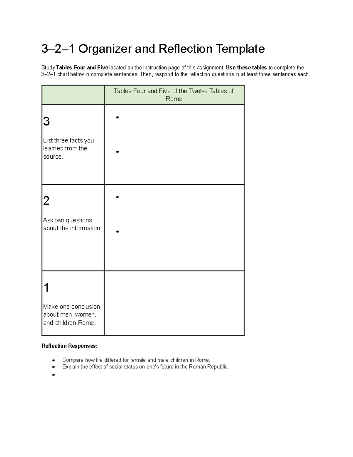 3 2 1 Organizer and Reflection Template 3 2 1 Organizer and