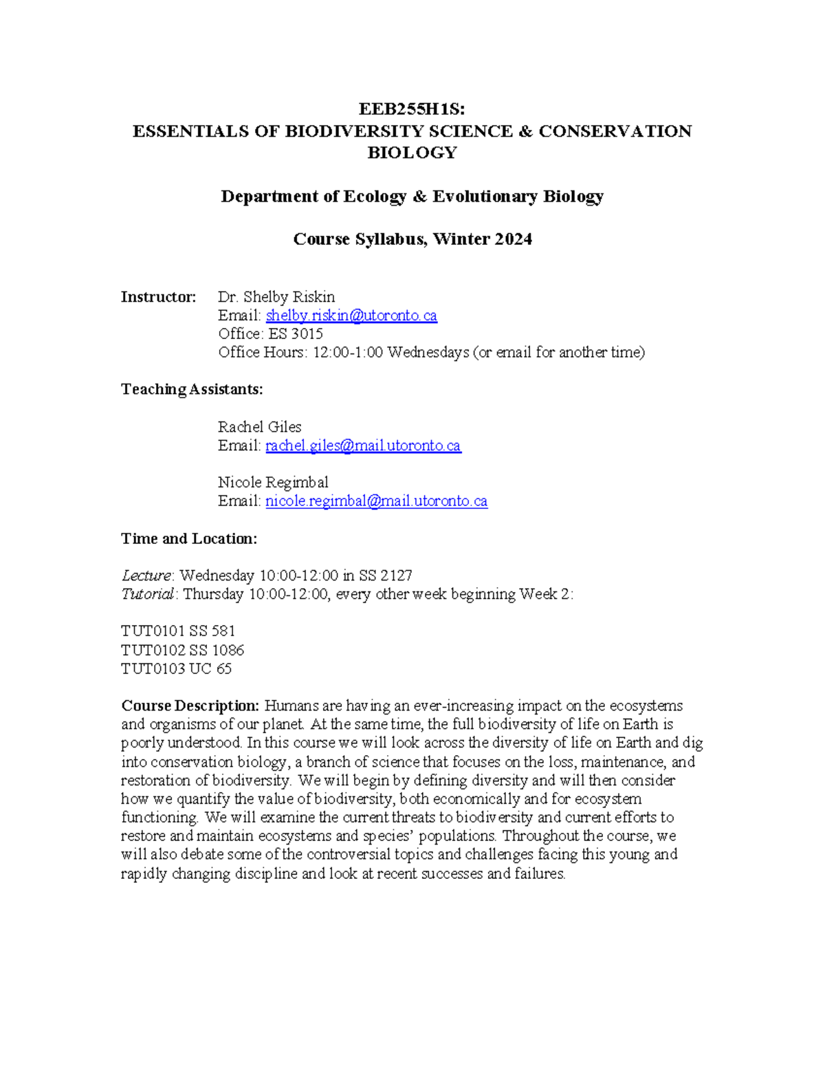 EEB255 Syllabus Winter 2024 - EEB2 55 H1S: ESSENTIALS OF BIODIVERSITY ...