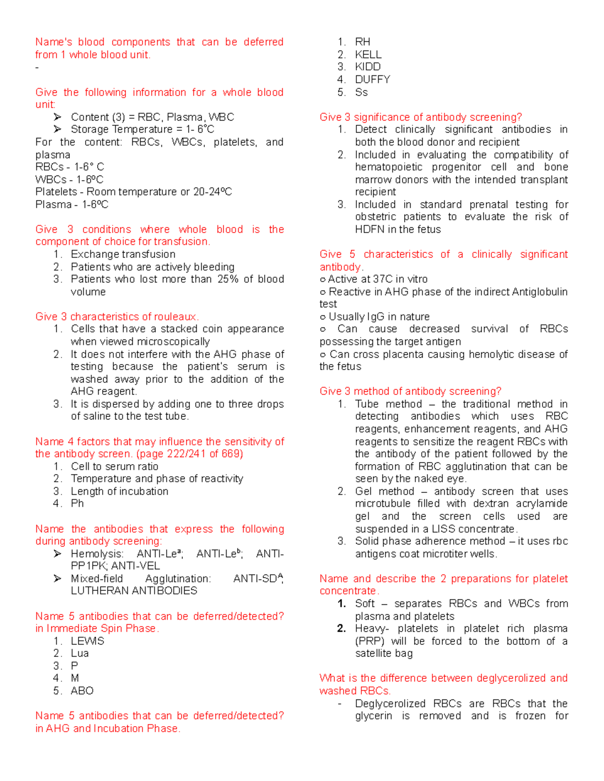 Blood Bank FinalsORAL Name's blood components that can be deferred