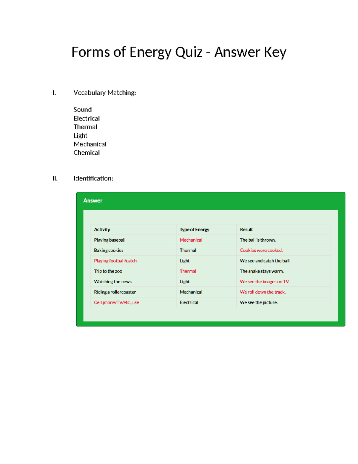 Forms of energy quiz answer key 2 Forms of Energy Quiz Answer Key I