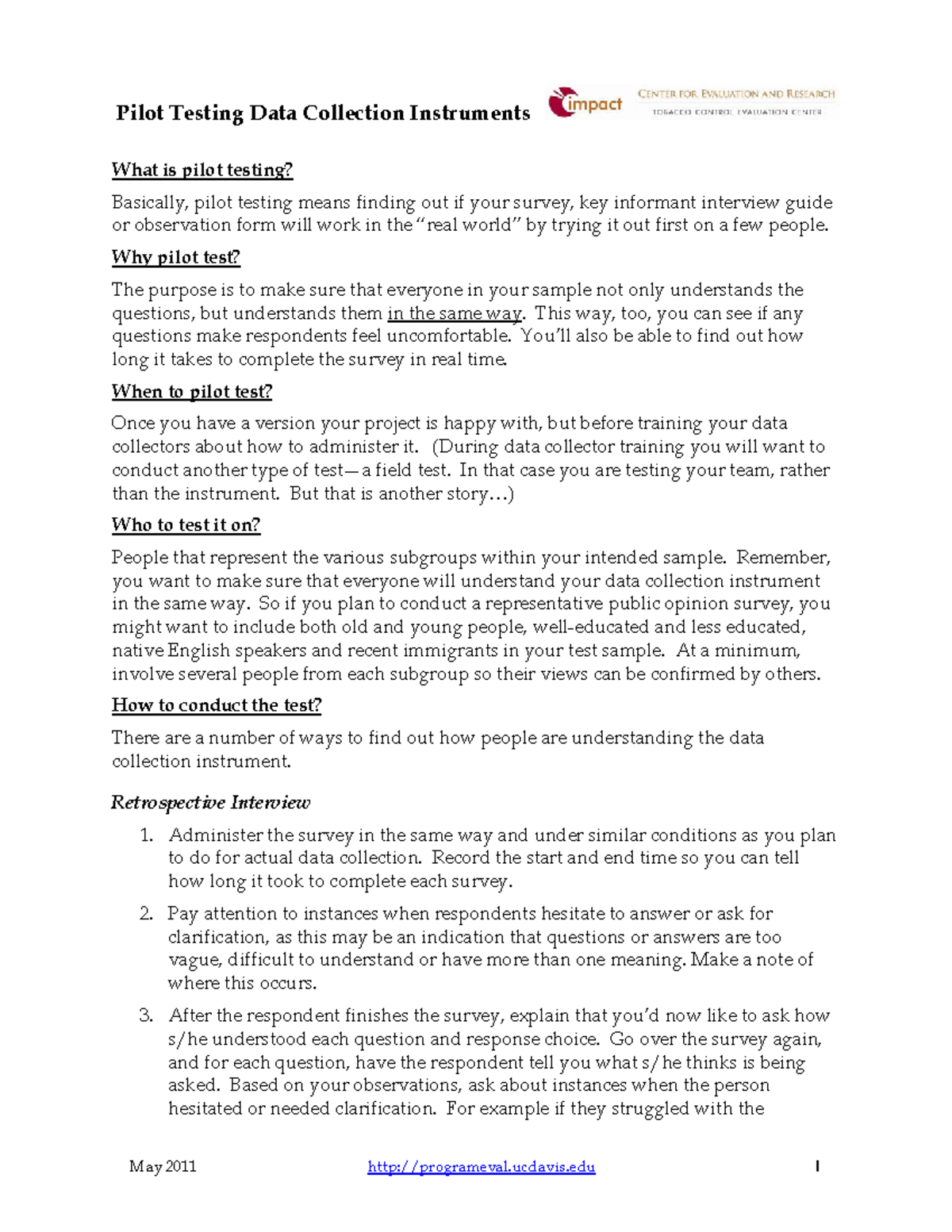 pilot-testing-lecture-notes-10-may-2011-programeval-ucdavis-1-pilot