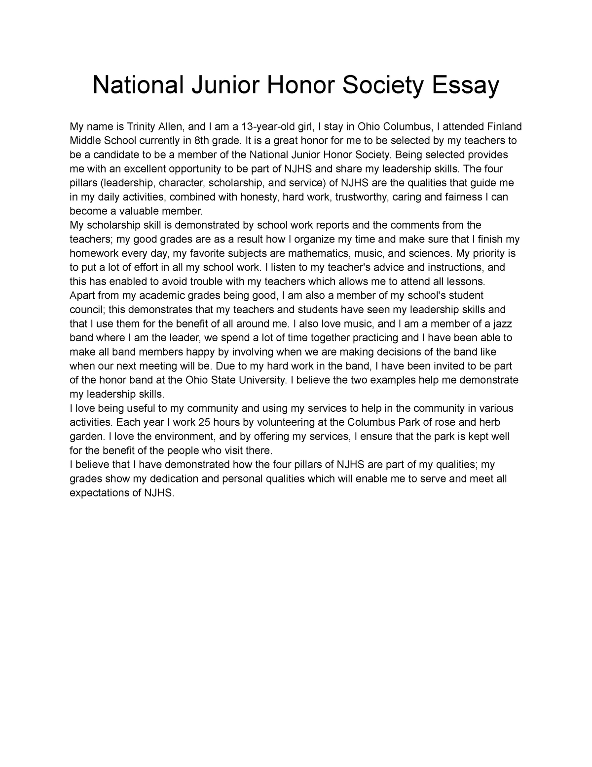 middle school sample national junior honor society essay