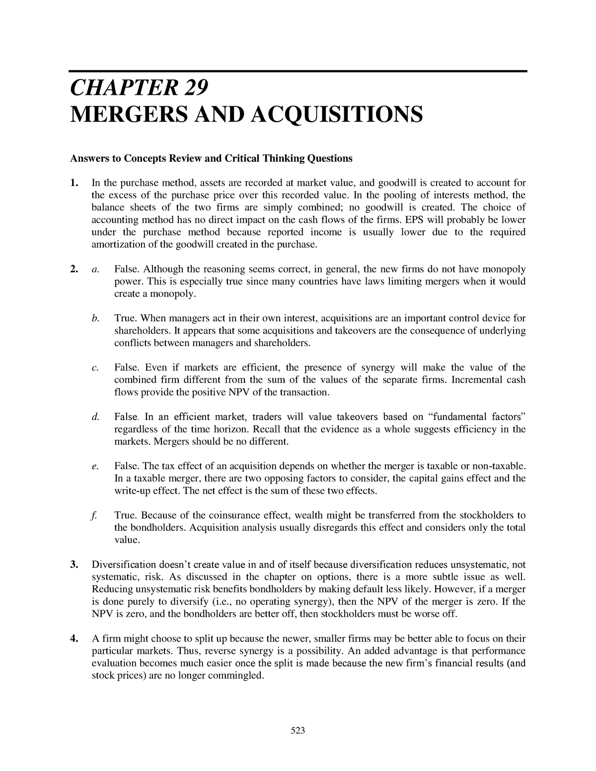 CH 29 CFS Solutions - Awasdasdasd - CHAPTER 29 MERGERS AND ACQUISITIONS ...