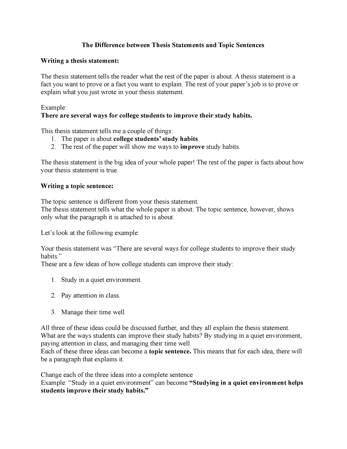 differentiate between thesis statement and topic sentences