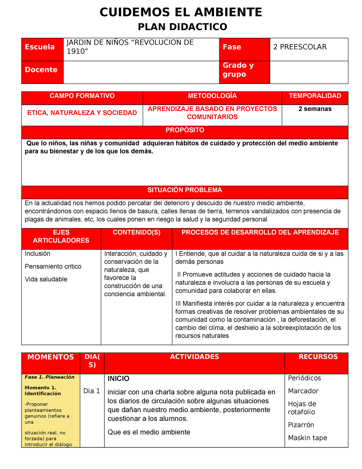 Planeacion Basado EN Proyectos Comunitarios - PLAN DIDÁCTICO Escuela ...