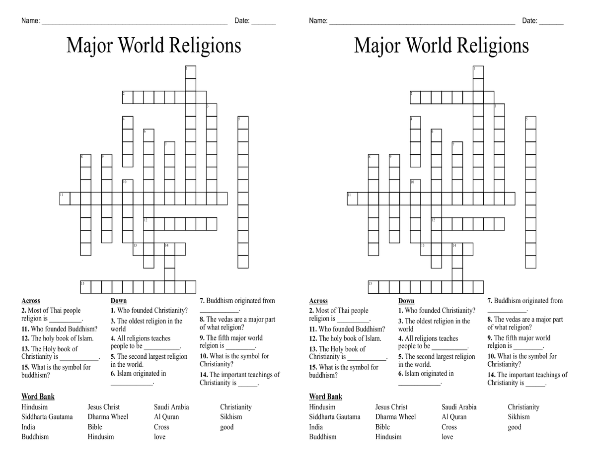 Acitivity 3 Crossword puzzle World Religions Humanities and