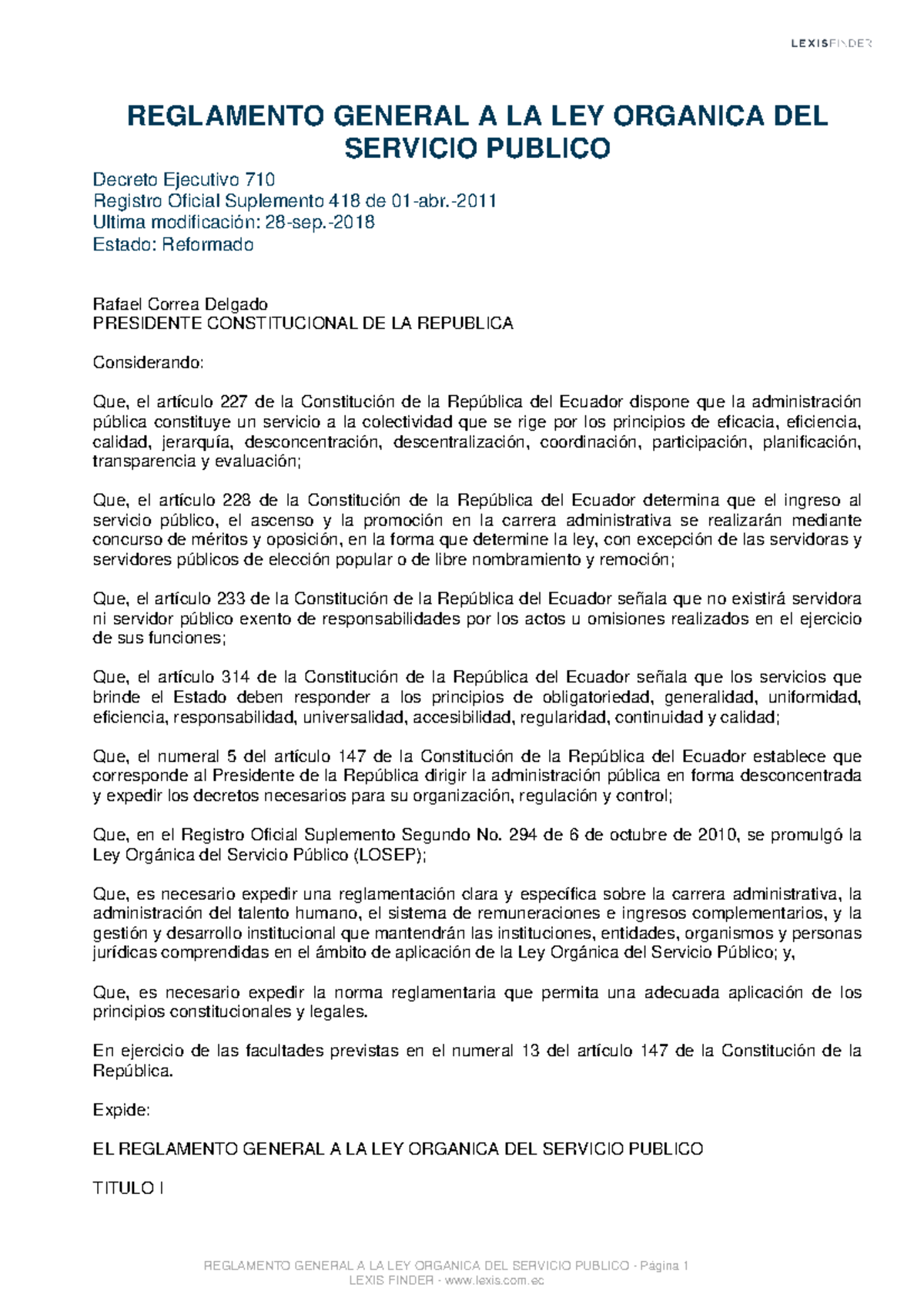 Reglamento General A LA LEY Organica DEL Servicio Publico Losep ...
