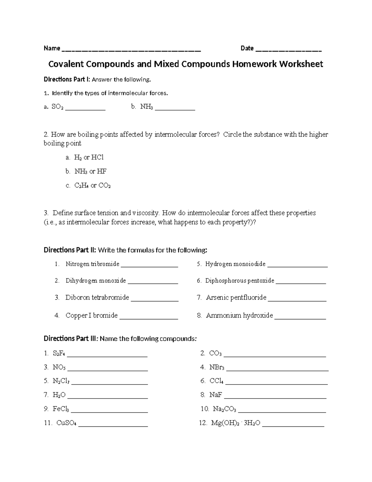 Covalent Compounds Homework - Name ...