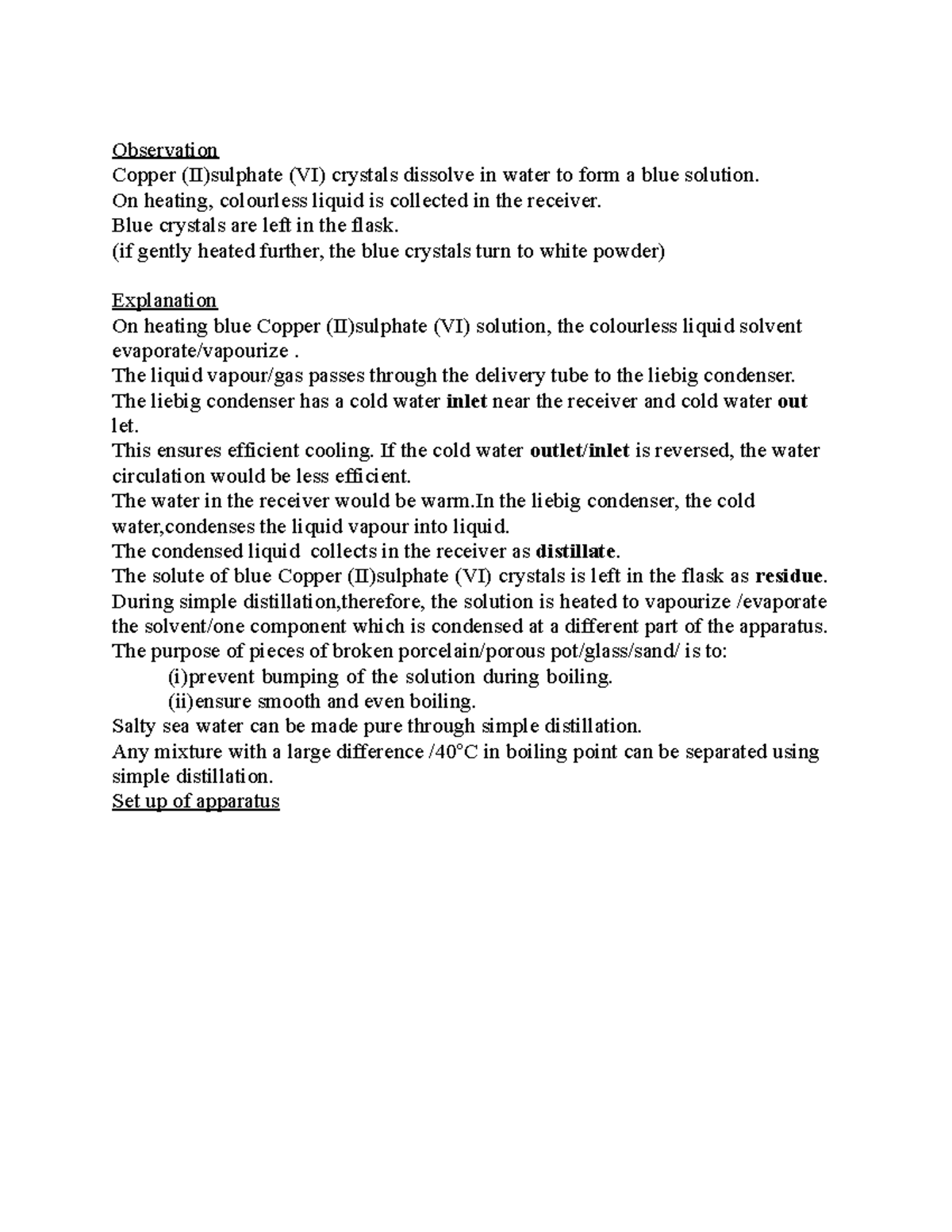 Notes of 10 grade Chemistry Class Observation Copper (II)sulphate (VI