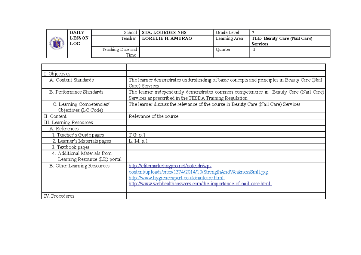 DLL NAIL CARE Relevance of the Course PECS DAILY LESSON LOG School