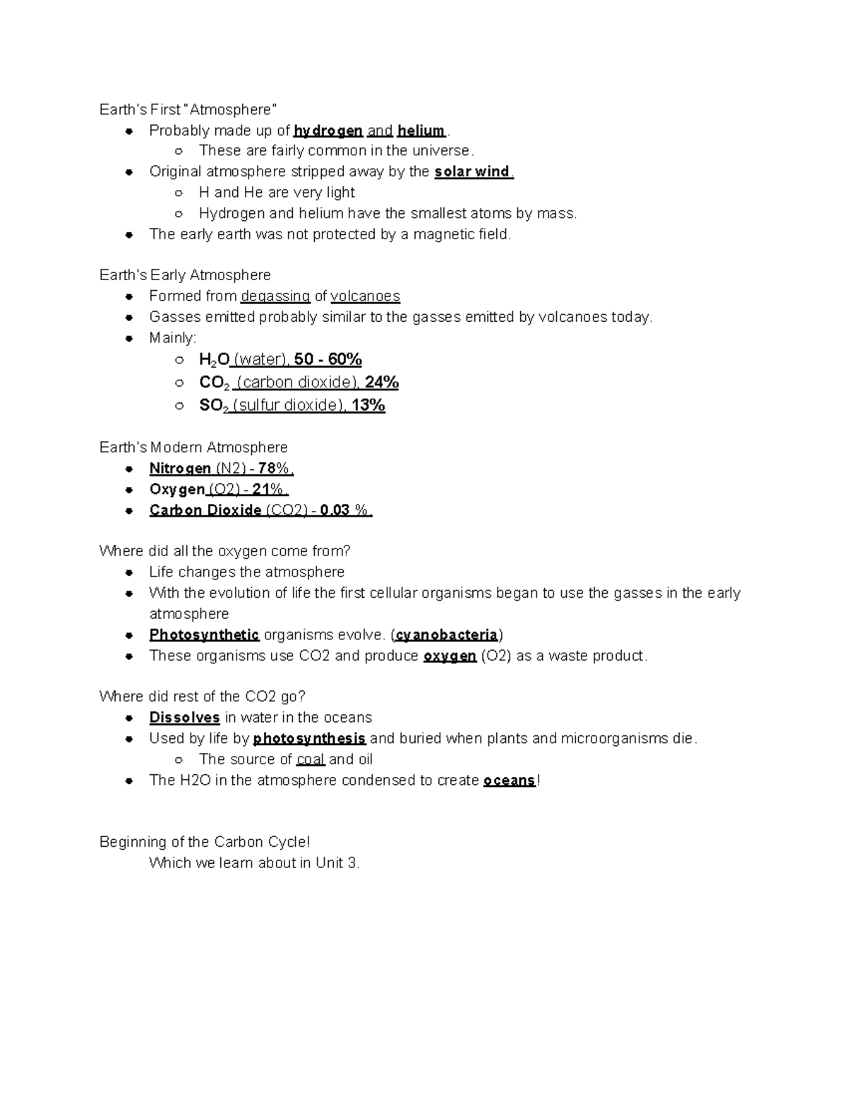Notes 1 15 Early and Modern Atmosphere - Earth’s First “Atmosphere ...