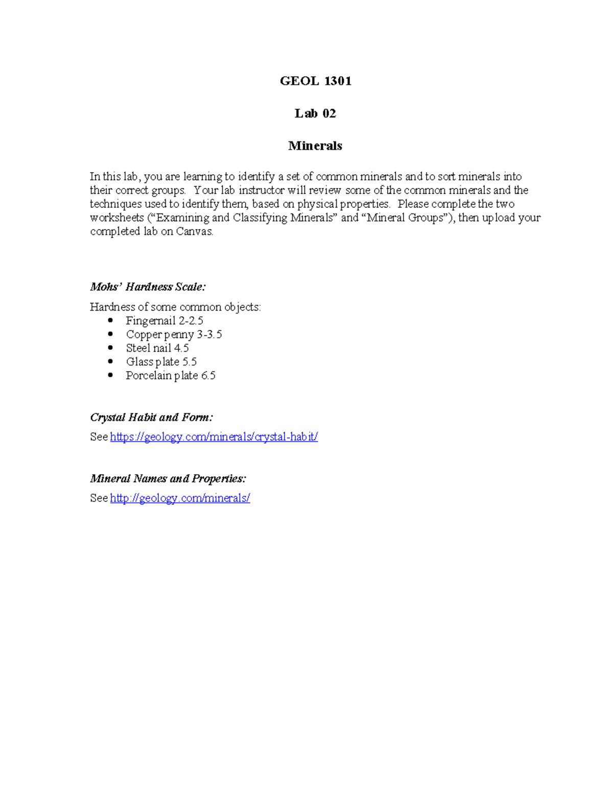GEOL 1301 - Lab 02 - Minerals - GEOL 1301 Lab 02 Minerals In this lab ...