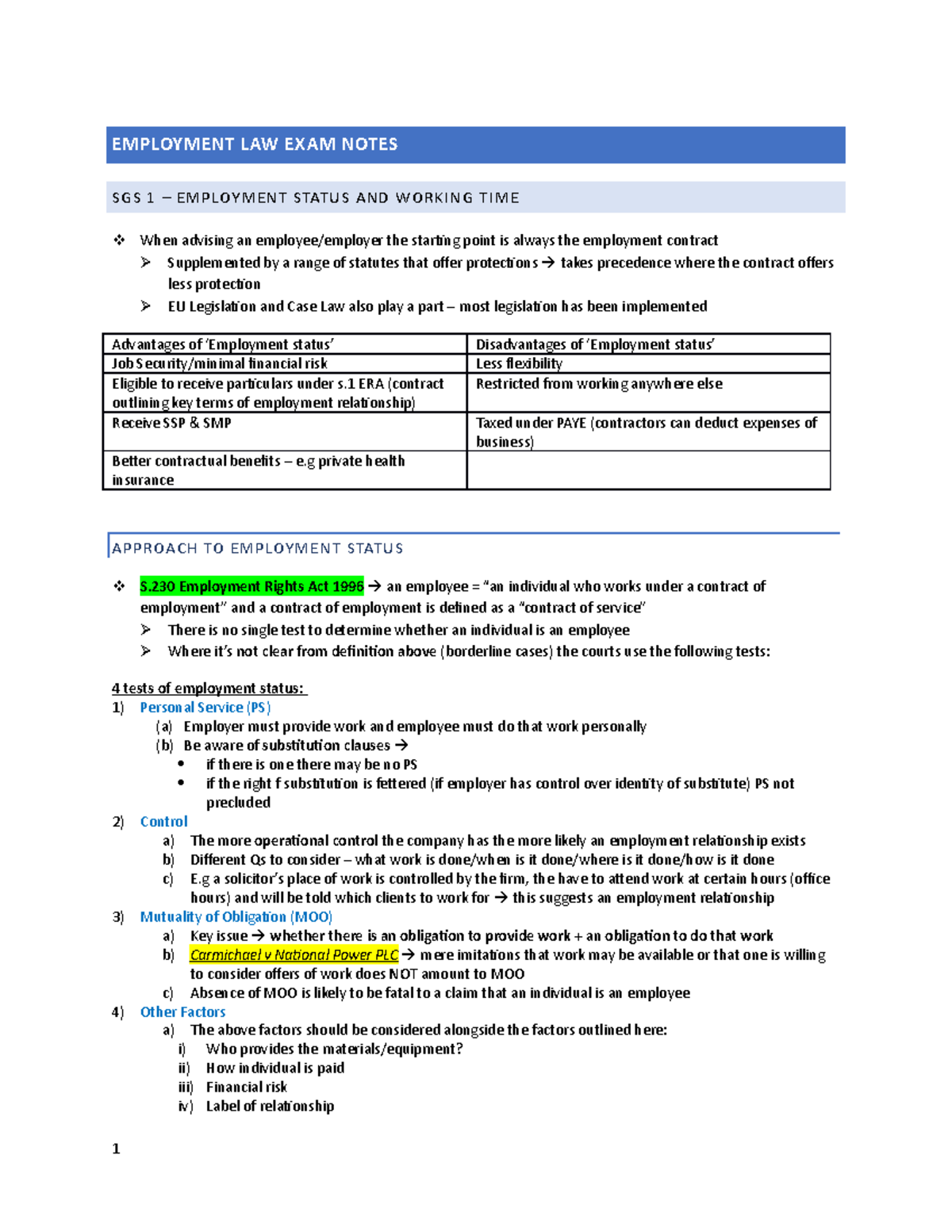 Emp Law Exam Notes - Employment Law Exam Notes Sgs 1 – Employment 