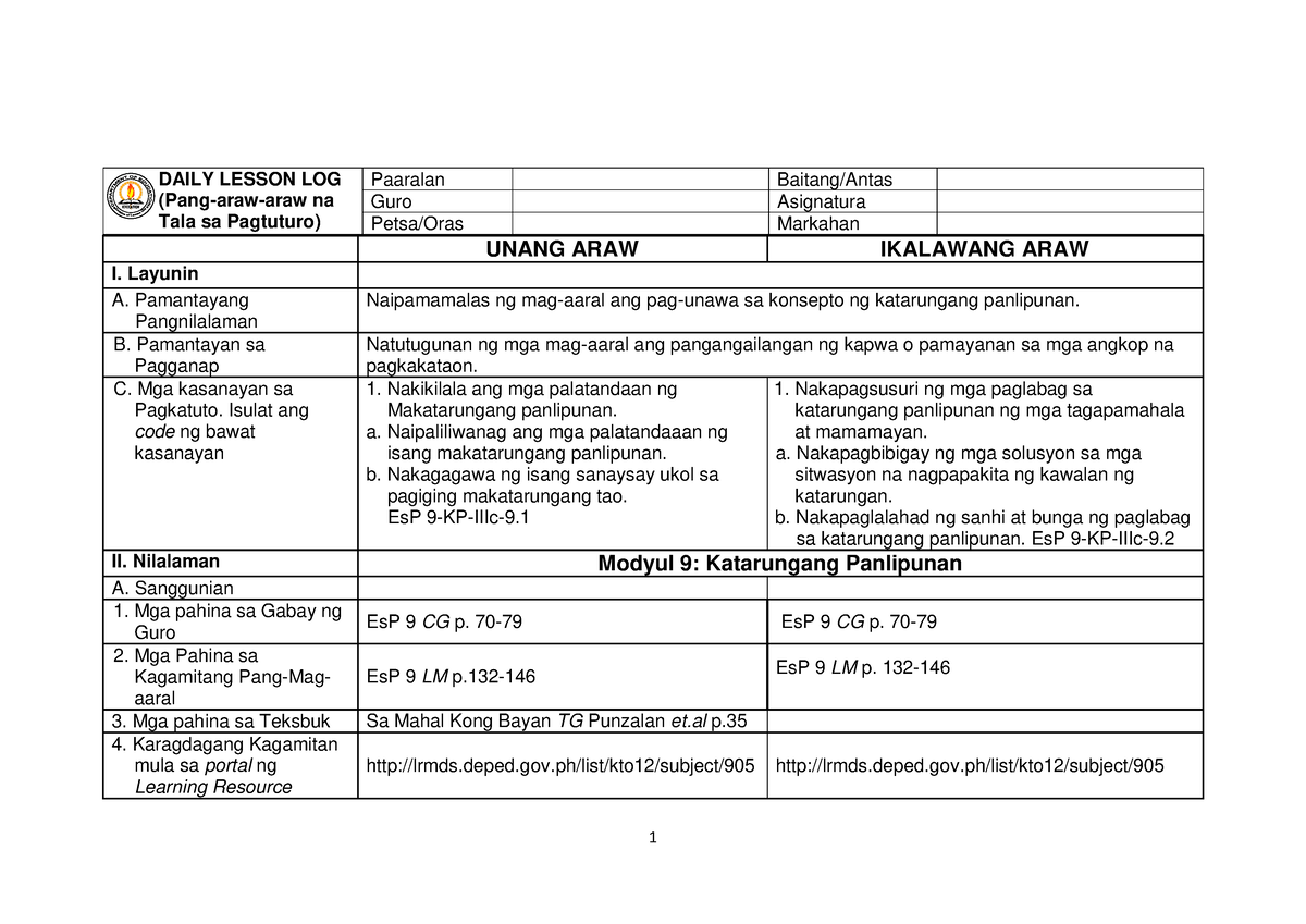 Esp Dll Fin Esp Daily Lesson Log Pang Araw Araw Na Tala Sa