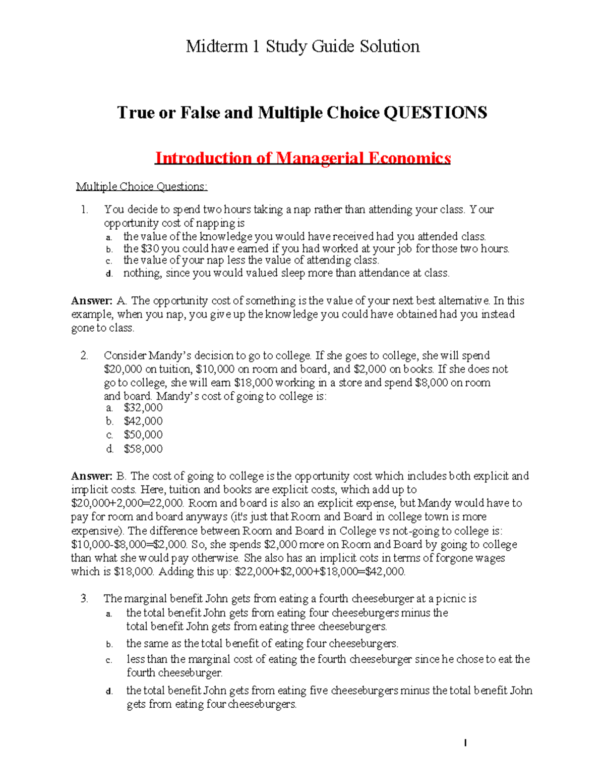 Midterm 1 Study Guide Solution - True or False and Multiple Choice ...