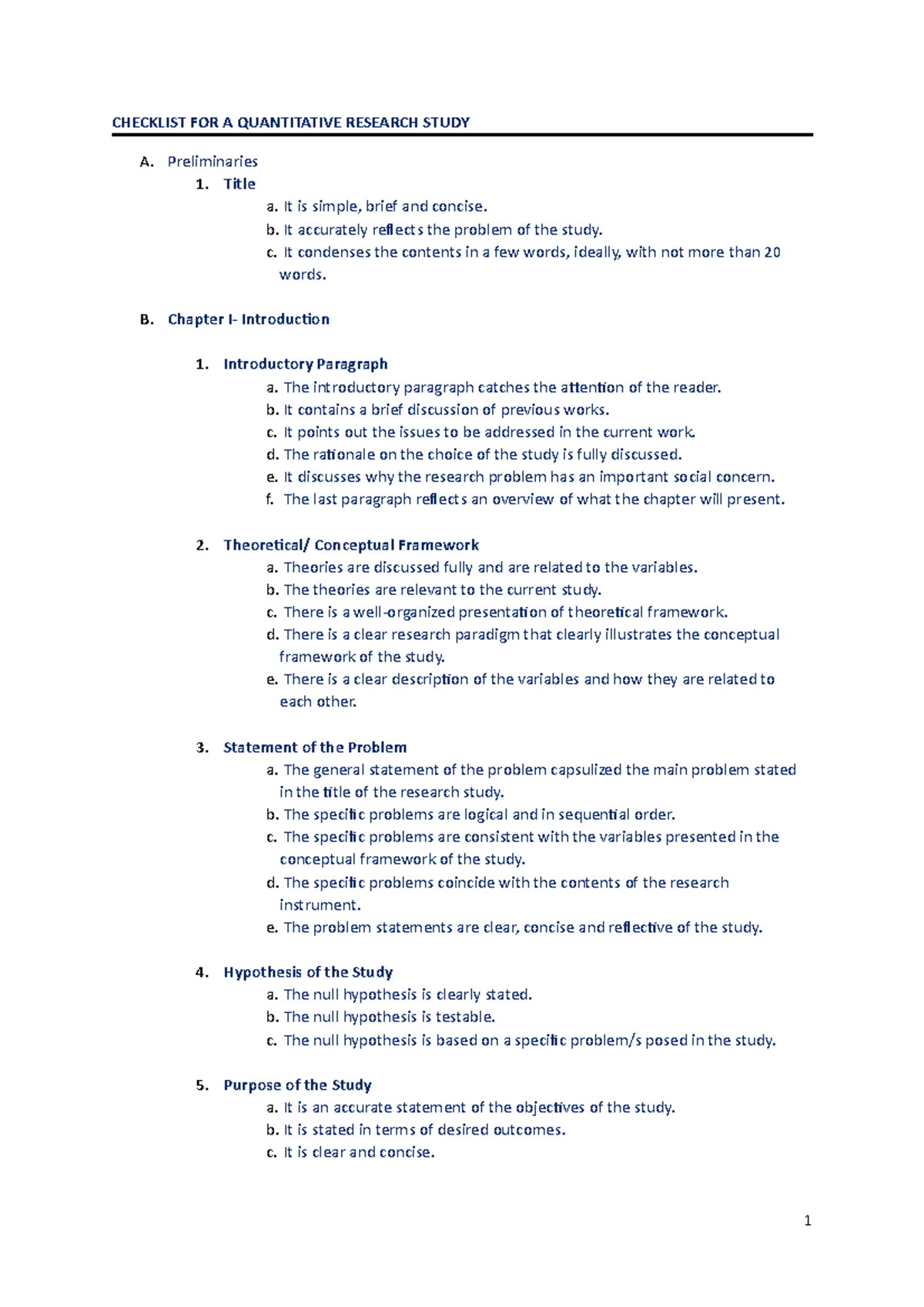 Checklist FOR A Quantitative Research Study CHECKLIST FOR A 